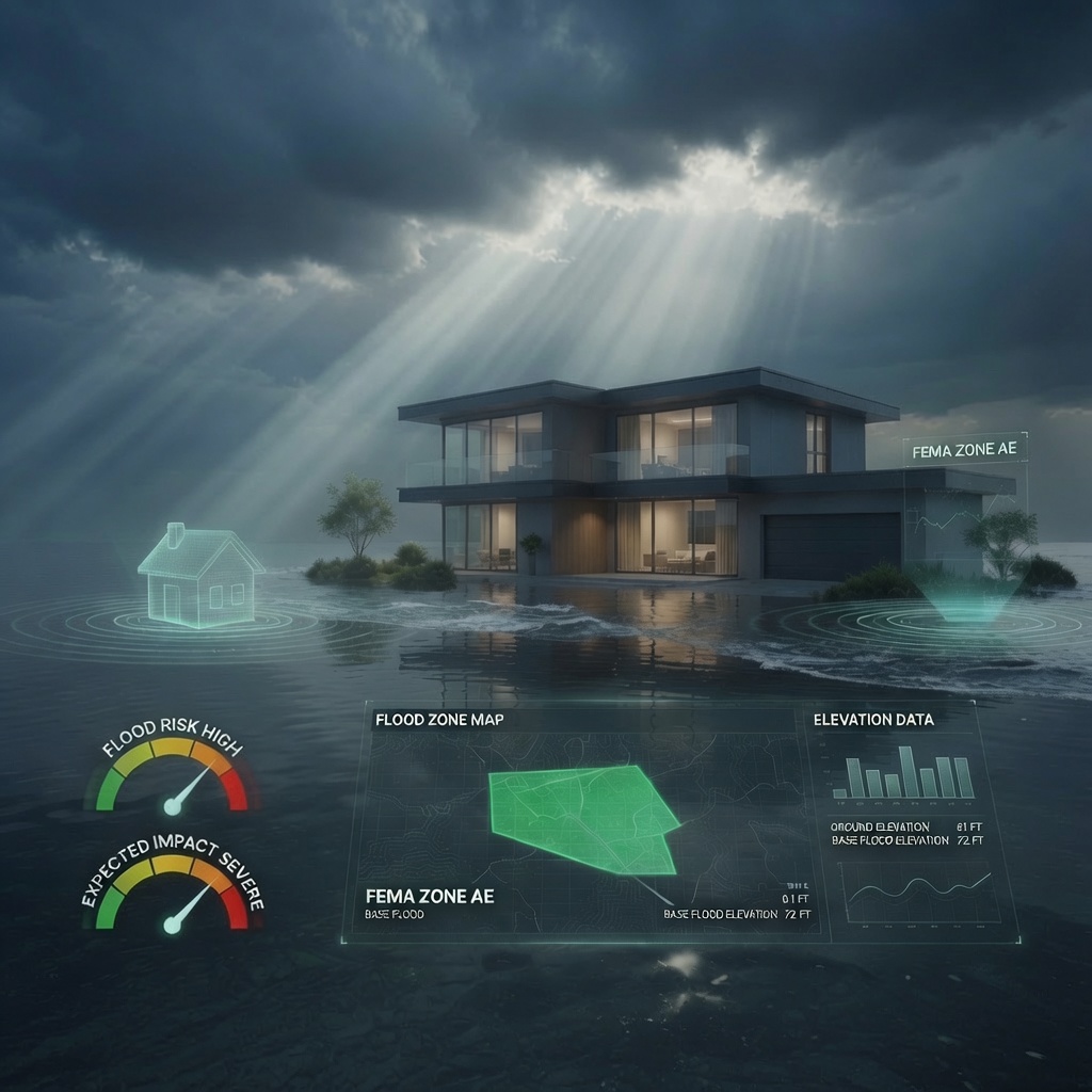 Modern home surrounded by flood water with flood risk gauges, FEMA zone AE map, and elevation data overlays
